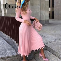 CNYISHE Sexy Knitted Pleated Long Dress Women Winter Slim Long Sleeve Ladies Dresses Elegant Party Female Sweater Dress Vestidos 210419