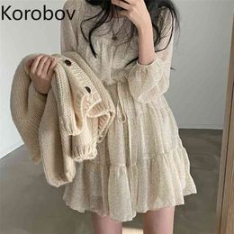 Korobov New Summer Korean Chiffon Women Dress Puff Sleeve Sashes Lacing Female Dresses Vintage Elegant O Neck Robe Femme 210430