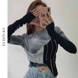 Yedinas Tie-dye Color Matching Irregular T-shirt Women Sexy Slim Crop Top Chic Design Korean Style Long Sleeve Spring 210623