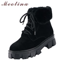 Meotina Cow Suede Platform High Heel Ankle Boots Women Shoes Genuine Leather Thick Heels Lace Up Warm Short Boots Winter Black 210520