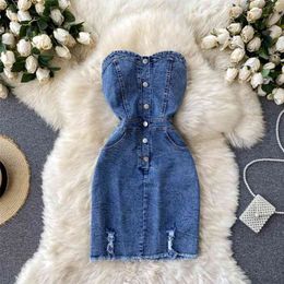 Summer Women Elegant High Waist Slim Bodycon Dress Strapless Single Breasted Mini Denim Beach 210430