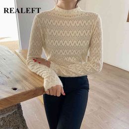 White Hollow Out Women's Blouse Spring Summer Elegant Lace Crochet Turtleneck Long Sleeve Female Shirts Tops 210428