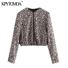 Women Fashion Floral Print Cropped Blouses O Neck Long Sleeve With Slits Female Shirts Blusas Chic Tops 210420