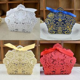 Wedding Favor Holders Candy/Chocolate Bags Laser Cut Dark Navy Blue Paper With Ribbons Gift Boxes