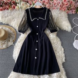 Neploe Korean Fashion Knitted Dress Women Summer Short Sleeve Gauze Patchwork Turn Down Collar Vestidos Vintage Elegant Dresses 210422