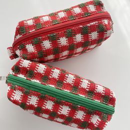 Christmas Plaid Knitted Cosmetic Bag for Women Portable Storage Bags Large Capacity Pencil Case Wallet Clutch Purse Handbags