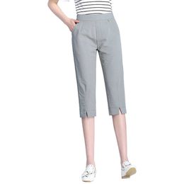 Summer Cotton Linen Pants Women Solid Color Casual Pencil Pants Calf-Length Trousers Female Elastic Waist Capris Pant Plus Size Q0801