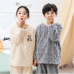 Wholesale and retail high quality childen's pajamas set boy girls O-neck pullover tops+pants 2pcs suit baby fleece warm home Tracksuit
