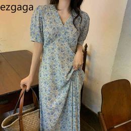 Ezgaga Korean Fashion Floral Midi Dress Women Short Sleeve V-Neck Vintage Summer New Elegant High Waist Dresses Lady Vestidos 210430