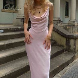 Summer Women Velvet Party Spaghetti Strap Sleeveless Sexy Backless Split Pink Slip Dress 210415