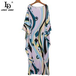 Summer Women O-Neck Geometric Print Maxi Long Dress Fashion Runway Female Loose Elegant Floor-Length Robe Gown 210522