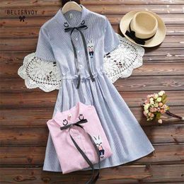 Summer Women Blue Striped Vestidos De Verano Turn-Down Collar Embroidery Casual Loose Dress Short Sleeve Cute Preppy 210520