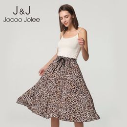 Jocoo Jolee Women Vintage Leopard Print Pleated Midi Skirt Ladies Drawstring Tie Elastic Waist Skirts Female Casual Skirt 210518