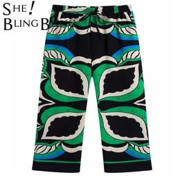 SheBlingBling ZA Casual Beach Loose Pants Lightweight Drawstring Elastic High Waist Women Ankle Length Green Print Straight Pant 211115
