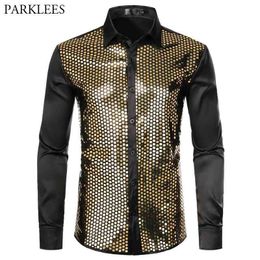 Shiny Gold Sequin Black Silk Dress Shirts Men Long Sleeve Button Down Shiny Shirts Male Nightclub Party Prom Chemise 210522