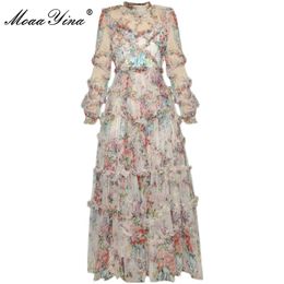 MoaaYina Mode Designer Kleid Frühling Damen Kleid Laterne Ärmel Mesh Print Cascading Rüschen Urlaub Ballkleid Kleider 210409