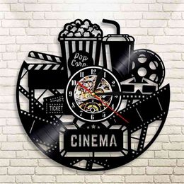 Cinema Vinyl Record Wall Clock Modern Design Watch Movie Film Watch Time Clock Popcorn Coke For Movie Lover Gift 210401