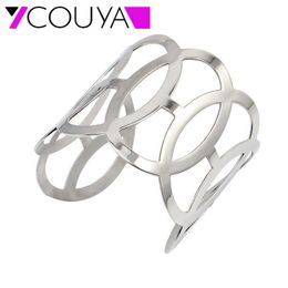 Couya Punk Style Silver Color Openwork Flowers Bracelet for Women Fashion Jewelry Stainless Steel Geometric Cuff Bangle Q0717