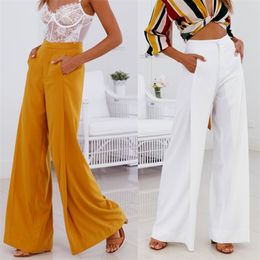 Women Casual Loose Yellow White Long Pants Sexy Wide Leg Elegant High Waist Trousers Pockets Office Ladies Pantalon Femme Zipper 210507