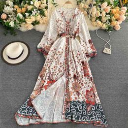 Spring Autumn Women's Dress Ethnic Printed Long Skirt V-neck Sleeve Retro Lace-up Single-breasted es LL091 210506