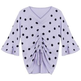 PERHAPS U Violet Black Polka Dot V Neck Flare Sleeve 3/4 Sleeve Drawstring Knitted Top B0139 210529