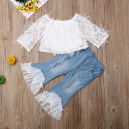 Toddler Baby Girl Clothing Sets Off Shoulder Lace Tulle Ruffle Tops Bell_Bottom Jeans Pants 2Pcs Outfits Clthes Summer