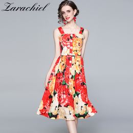 Summer Charming Floral Printed Holiday Beach Women's Spaghetti Strap Buttons Backless Elegant Boho Pleated Dress 210416