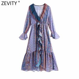 Zevity Women Vintage Cloth Patchwork Print Casading Ruffles Midi Dress Female Chic Butterfly Sleeve Irregular Hem Vestido DS8272 210603