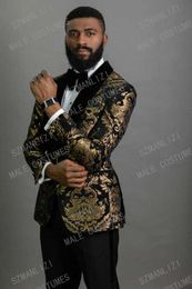 New Elegant 2020 Costume Homme Shawl Lapel Black Jacquard Dinner Party Groom Wear Men Wedding Suits For Men Prom Tuxedo Blazer X0909