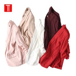 Women Chic Twill Blazer Gathered Three Quarter Sleeve Pockets Vintage Office Wear Coat Outerwear Tops 10 Colours Women's Suits & Blazers