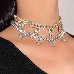 Chains Punk Crystal Butterfly Pendant Choker Necklace Gold Silver Colour Miami Cuban Link Rhinestone Hip Hop Party Jewellery Gift