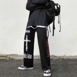 QWEEK Punk Hippie Wide Leg Pants Women Gothic Harajuku Streetwear Anime Street Style Mall Goth Black Print Trousers Hip Hop 211006