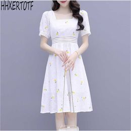 summer fashion temperament women Embroidery Floral Dress Hollow Out Short Sleeve Slim Casual Dresses 210531