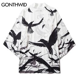 GONTHWID Mens Raven Crow Bird Print Japanese Kimono Cardigan Jacket Tops Shirts Streetwear Harajuku Hip Hop Casual Loose Coats 210811