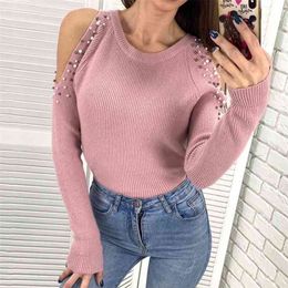 Autumn and Winter Solid Color Beaded O Neck Long-Sleeved knit Pullover Off Shoulder Knitted Sweater Female Bottom Pullovers 210508