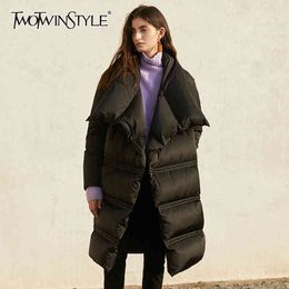 TWOTWINSTYLE Black Casual Mid Cotton Coat For Women Lapel Long Sleeve Casual Minimalist Parkas Female Fashion Style Winter 210517