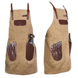 WEEYI Men Ladies Salon Haircut Apron Hairdressing Waxed Canvas Leather Barber Hairstylist Manicure Aprons 210629