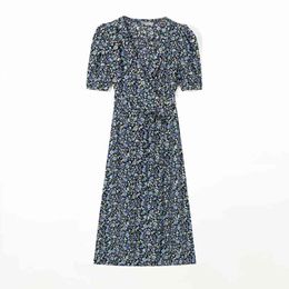 Sexy Short Sleeve Wrap midi Dress France Blue Rose Tree Print Women Chic Summer dress shawl collar cover Split vestidos 210510