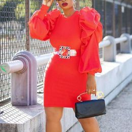 Women Red Party Dress Patchwork Long Sleeves Elastic Skinny Bodycon Slim Sexy Celebrate Birthday Event Occation Plus Size Laies 210416