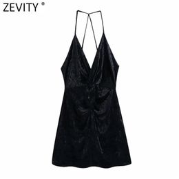 Women Sexy Deep V Neck Knotted Velvet Sling Mini Dress Femme Backless Spaghetti Strap Casual Slim Club Vestido DS4861 210420