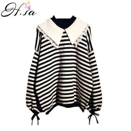 H.SA Striped Sweater Mulheres recolher colarinho preto e branco coreano lanterna manga lace up pull jumpers femme 210417