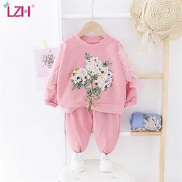 LZH Autumn Clothes Toddler Girl Suit Embroidered Lace Tops+Trousers 2Pcs Set Casual Children Flowers 1-5Year Outfit 211025