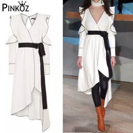 white midi dress long sleeve hollow out ruffles asymmetrical elegant v-neck party eveing night dresses with belt 210421