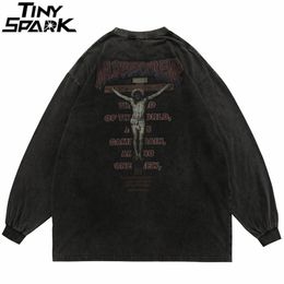 Hip Hop Oversize T Shirt Streetwear Jesus Letter Print Washed T- Harajuku Cotton Long Sleeve Tshirt Men Autumn 220221