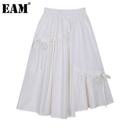 [EAM] High Elastic Waist White Irregular Temperament Long Half-body Skirt Women Fashion Spring Summer 1DD8698 210512