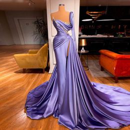 long one shoulder purple dress Canada - Light Purple Long Sleeve Prom Dresses Ruched Beaded Sweep Train Evening Gowns High Split Formal Party Dress Robe De Soiree
