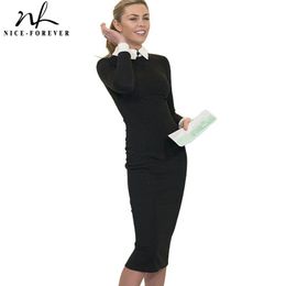 Nice-forever Career Women Autumn Turn-down Collar Fit Work Dress Vintage Elegant Business office Pencil bodycon Midi Dress 751 210419