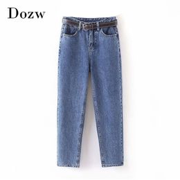 Fashion Women Mom Jeans with Belt Cowboy Long Trousers Boyfriend Stretch Jeans Casual Female Washed Denim Harem Pants 210414