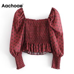 Fashion Women Polka Dot Lantern Long Sleeve Chic Short Tops Square Neck Sheath T Shirt Female Ropa Mujer 210413