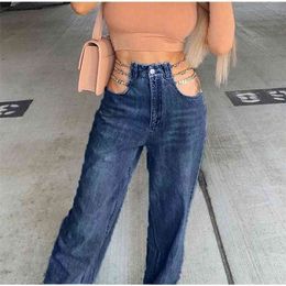 Side Hollow Out Chain Patchwork Women Jeans Straight High Waist Zipper Pocket Female Pant Streetwear Casual Solid Ladies Bottom 210809